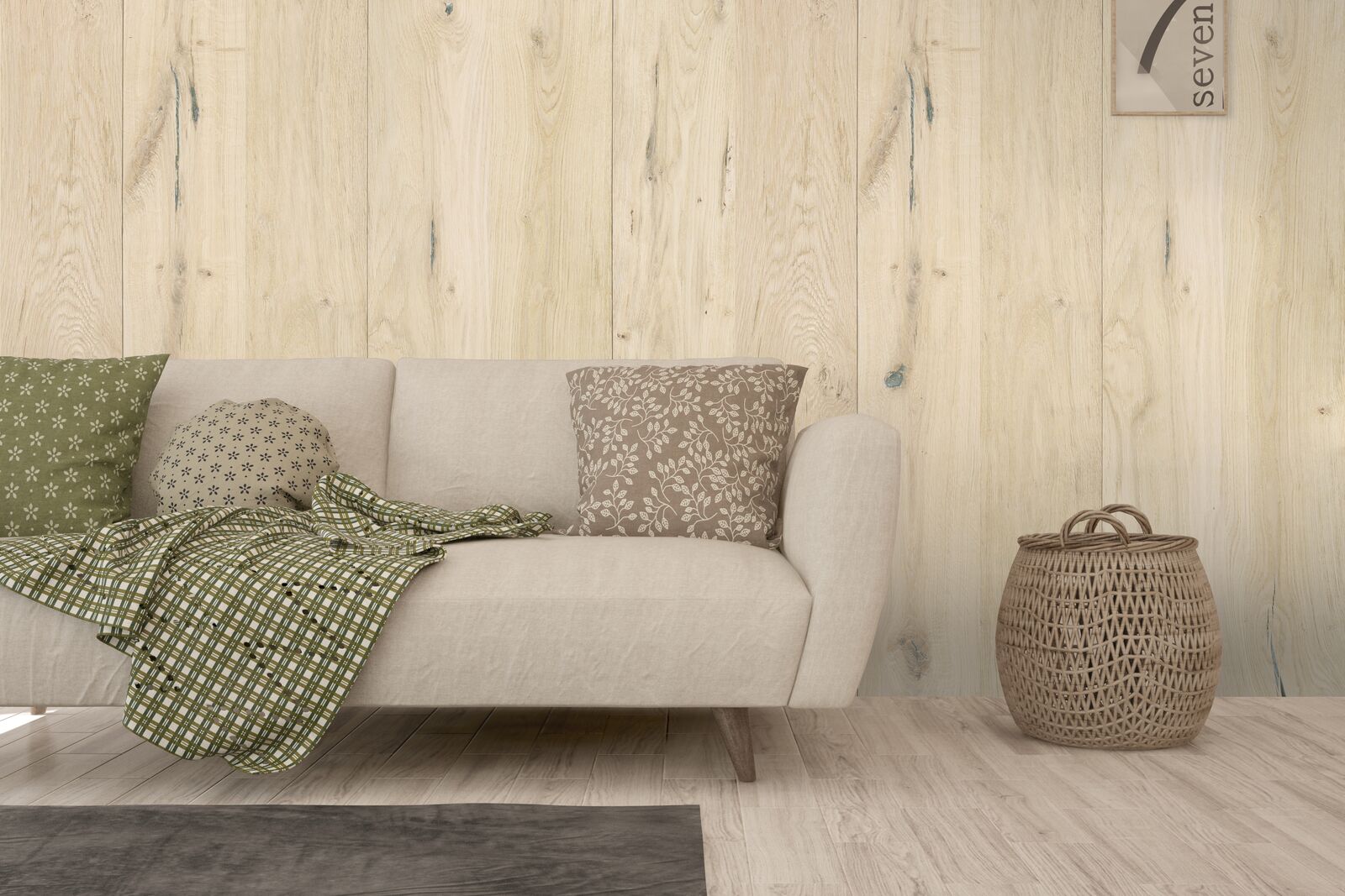 Sofa and basket in front of Scandi Oak wall panel