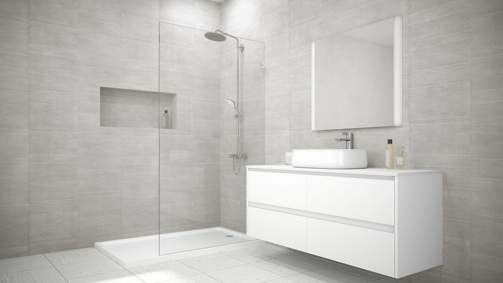 Our Standard moonstone tile wall panel showcased in a freestanding modern bathroom setting.