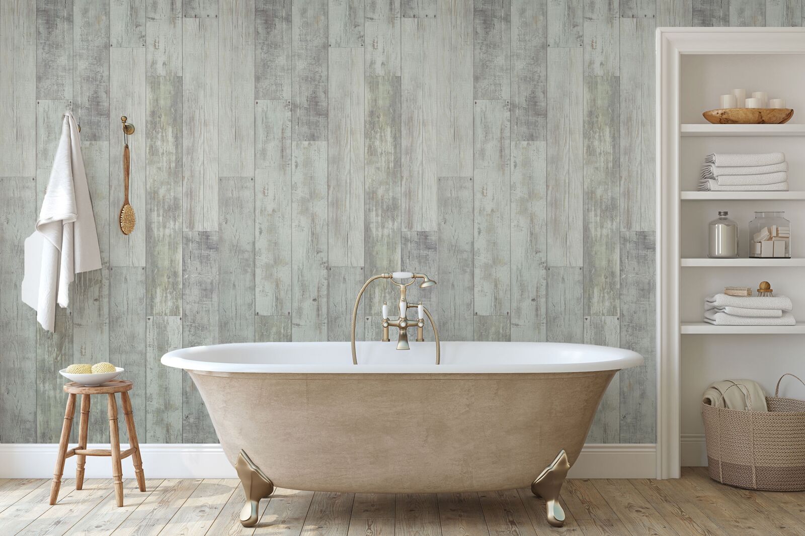 Bathtub in front of Rustic wood wall panel