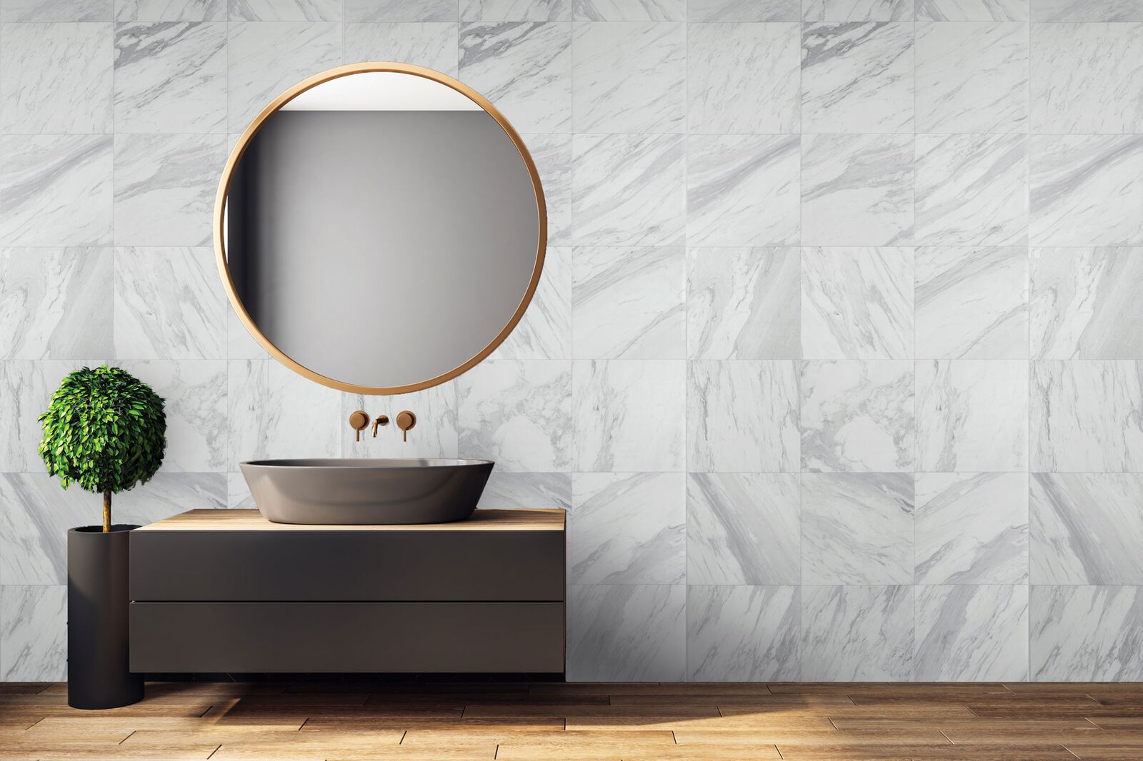 Modern bathroom and mirror setting with Kensington wall panels