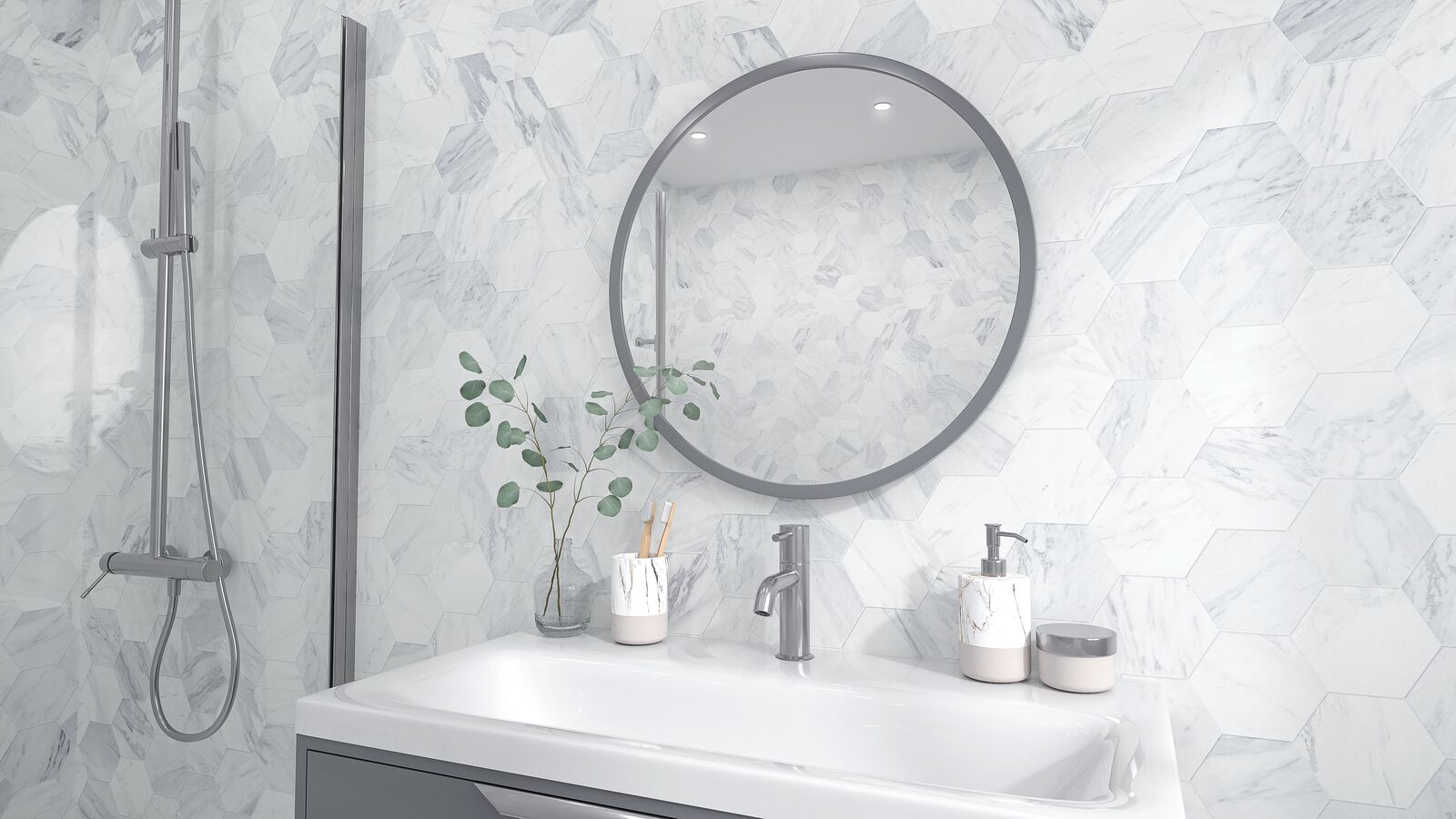 Modern mirror over bathroom sink showcasing zests Oslo wall panel