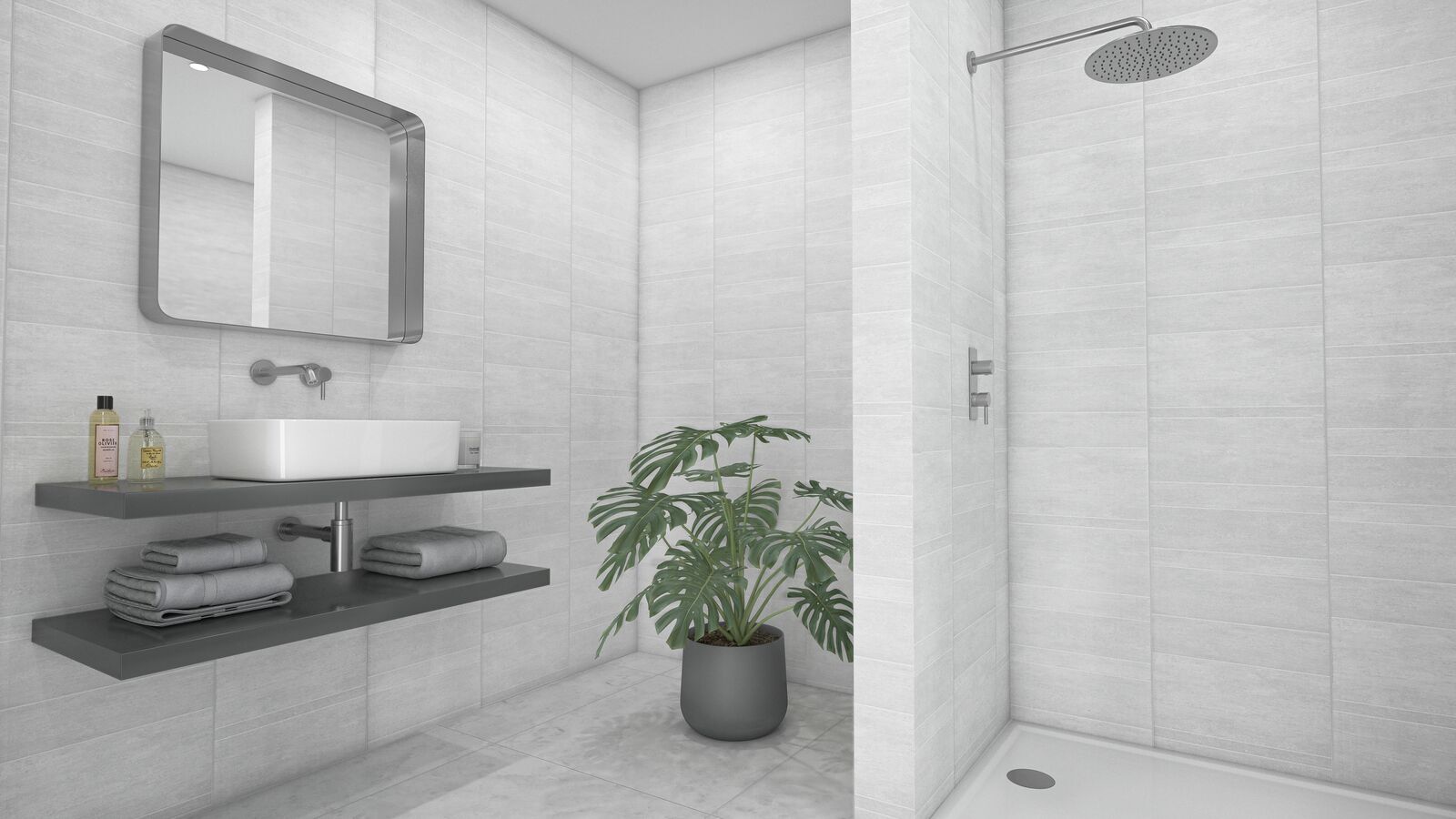 Freestanding shower bathroom with mirror and zests Whitestone standard wall panel