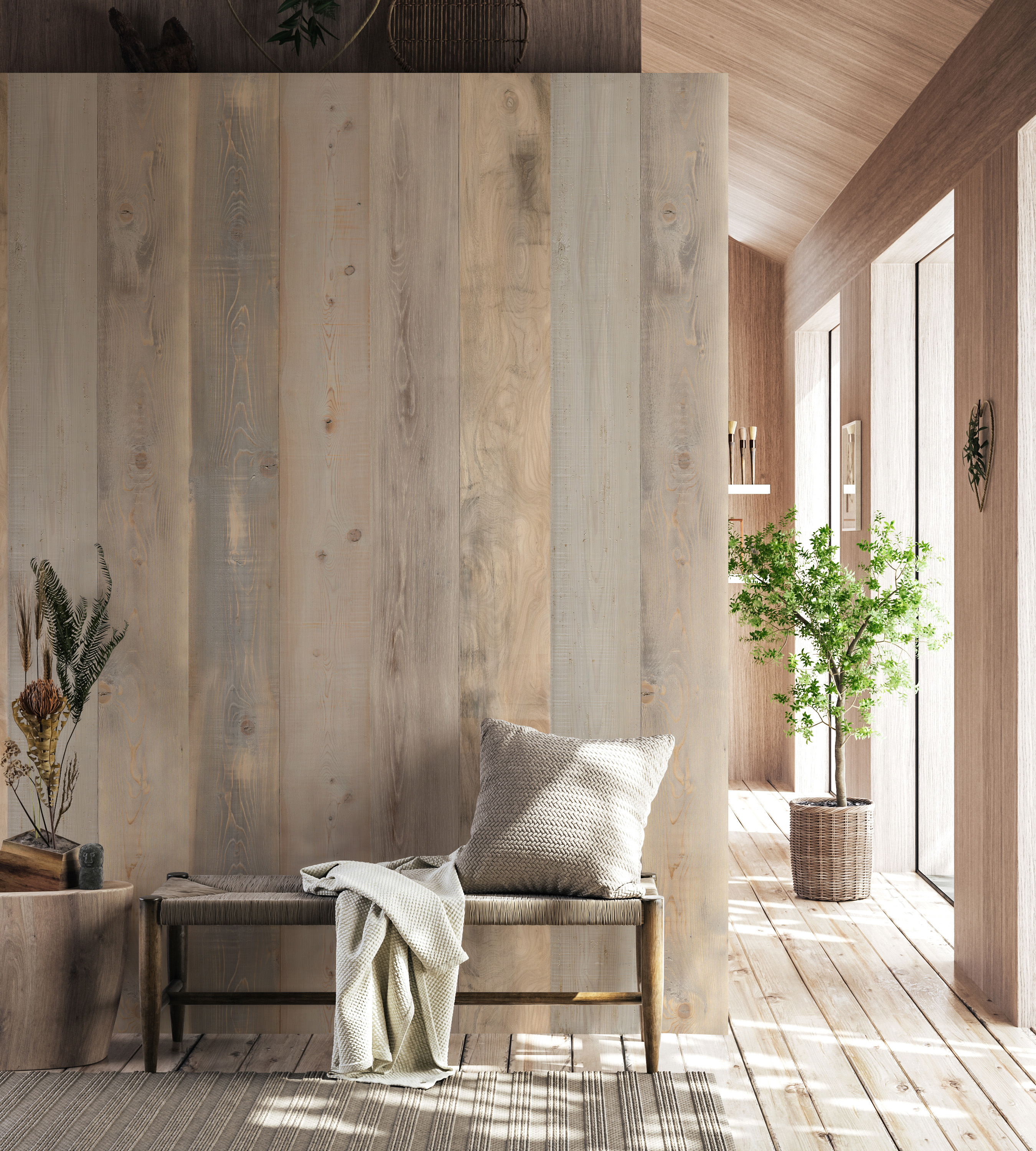 Sunny wooden house setting with Norse wall panels